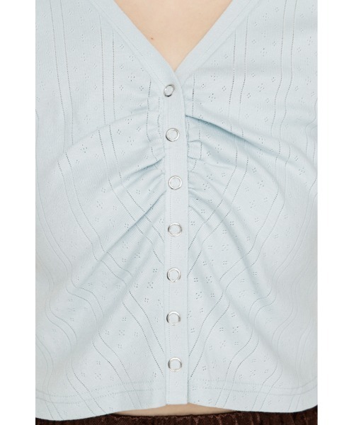 SLY(スライ)の「GATHER EYELET V/N CD ギャザーアイレットブイネックカーデ 夏服 秋服(カーディガン/ボレロ・レディース・ブラック/ホワイト/ライトブルー・FREE)」の4枚目の写真