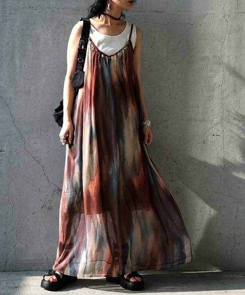 antiqua(アンティカ)の「水彩柄 シアー キャミワンピース(ワンピース・レディース・レッド系その他・ONESIZE)」の1枚目の写真
