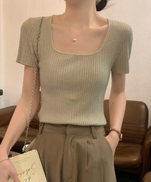 スクエアネック リブニット 半袖トップス フィットシルエット サマーニット