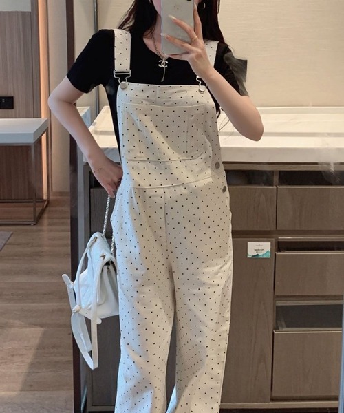 AsheKsha(アシクシャ)の「ドット柄ストレートサスペンダーパンツ(サロペット/オーバーオール・レディース・ホワイト・F)」の10枚目の写真