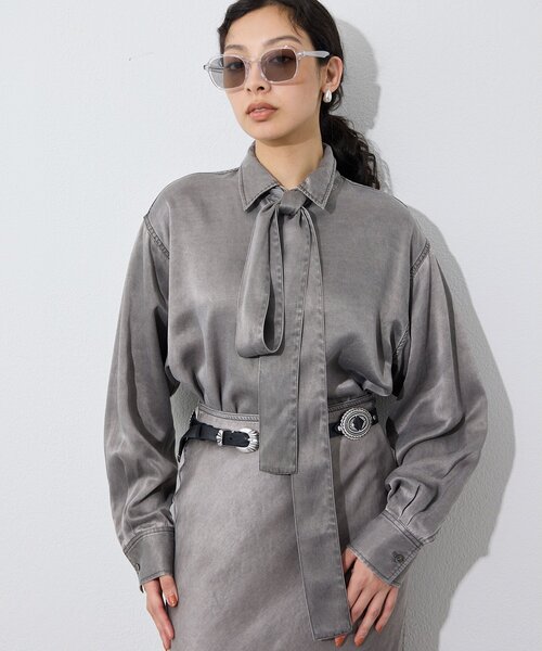 Whim Gazette（ウィムガゼット）の「顔料染めツイルボウタイシャツ/セットアップ可（シャツ/ブラウス・レディース・ベージュ/ライトグレー・FREE）」の11枚目の写真