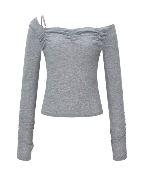 PLEASENOFOLLOW(プリーズノーフォロー)の「Halo Unbal Shirring Long Sleeve Top (Melange Grey)(Tシャツ/カットソー・レディース・その他・FREE)」の2枚目の写真