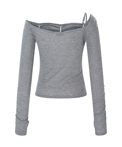PLEASENOFOLLOW(プリーズノーフォロー)の「Halo Unbal Shirring Long Sleeve Top (Melange Grey)(Tシャツ/カットソー・レディース・その他・FREE)」の3枚目の写真