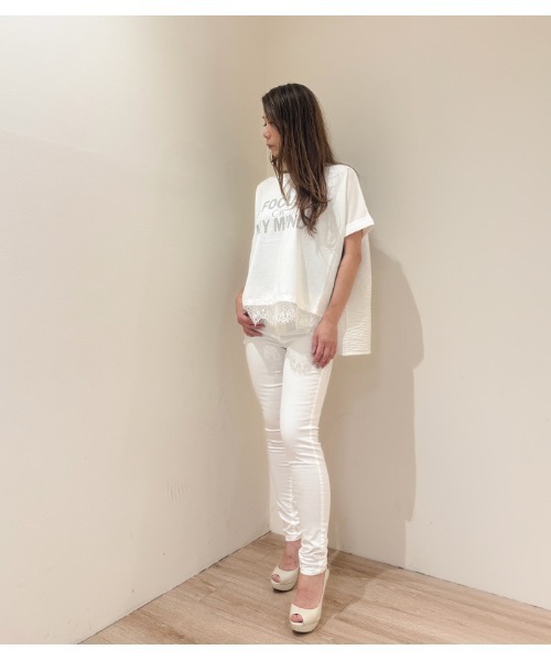 Desert　Rose（デザートローズ）の「【MoNiLE/モニーレ】シルケット天竺＆シアーサッカーレース付きロゴTシャツ（Tシャツ/カットソー・レディース・オフホワイト・FREE）」の8枚目の写真
