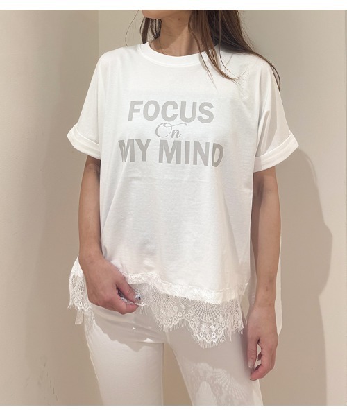 Desert　Rose（デザートローズ）の「【MoNiLE/モニーレ】シルケット天竺＆シアーサッカーレース付きロゴTシャツ（Tシャツ/カットソー・レディース・オフホワイト・FREE）」の9枚目の写真