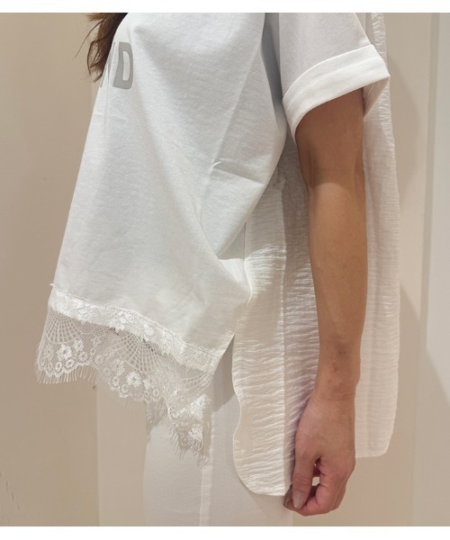 Desert　Rose（デザートローズ）の「【MoNiLE/モニーレ】シルケット天竺＆シアーサッカーレース付きロゴTシャツ（Tシャツ/カットソー・レディース・オフホワイト・FREE）」の4枚目の写真