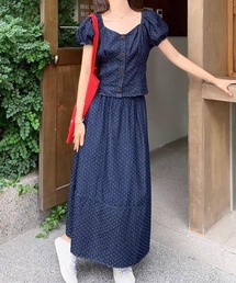 デニムパフスリーブトップススカートセットアップ