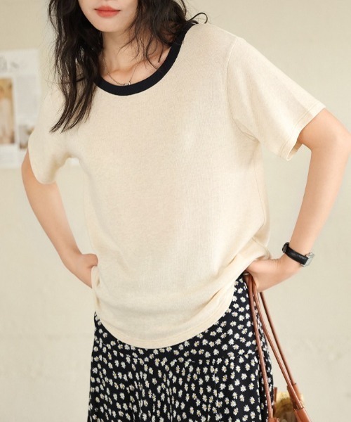 JOCOSA(ジョコサ)の「とろける涼感 贅沢リネン×テンセル Tシャツ(Tシャツ/カットソー・レディース・ネイビー/ベージュ/ストライプ/ホワイト・L/M)」の2枚目の写真