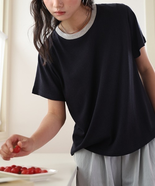 JOCOSA(ジョコサ)の「とろける涼感 贅沢リネン×テンセル Tシャツ(Tシャツ/カットソー・レディース・ネイビー/ベージュ/ストライプ/ホワイト・L/M)」の3枚目の写真