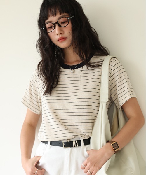 JOCOSA(ジョコサ)の「とろける涼感 贅沢リネン×テンセル Tシャツ(Tシャツ/カットソー・レディース・ネイビー/ベージュ/ストライプ/ホワイト・L/M)」の5枚目の写真
