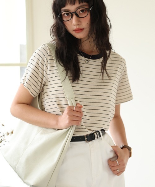 JOCOSA(ジョコサ)の「とろける涼感 贅沢リネン×テンセル Tシャツ(Tシャツ/カットソー・レディース・ネイビー/ベージュ/ストライプ/ホワイト・L/M)」の6枚目の写真
