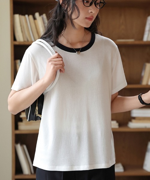 JOCOSA(ジョコサ)の「とろける涼感 贅沢リネン×テンセル Tシャツ(Tシャツ/カットソー・レディース・ネイビー/ベージュ/ストライプ/ホワイト・L/M)」の13枚目の写真