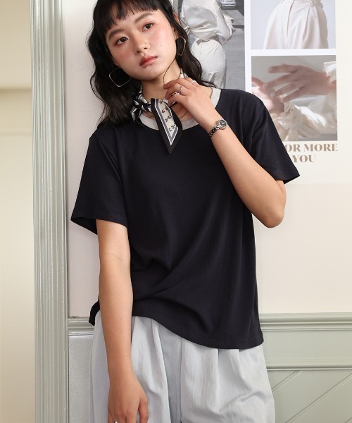 JOCOSA(ジョコサ)の「とろける涼感 贅沢リネン×テンセル Tシャツ(Tシャツ/カットソー・レディース・ネイビー/ベージュ/ストライプ/ホワイト・L/M)」の11枚目の写真