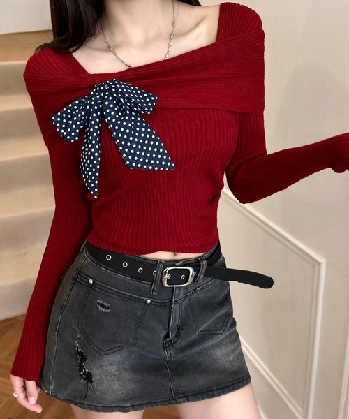 SHEENA(シーナ)の「ドットリボンオフショルリブニットトップス(ニット/セーター・レディース・イエロー/レッド/ライトブルー/ブラウン・M)」の7枚目の写真