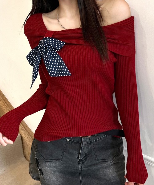 SHEENA(シーナ)の「ドットリボンオフショルリブニットトップス(ニット/セーター・レディース・イエロー/レッド/ライトブルー/ブラウン・M)」の8枚目の写真