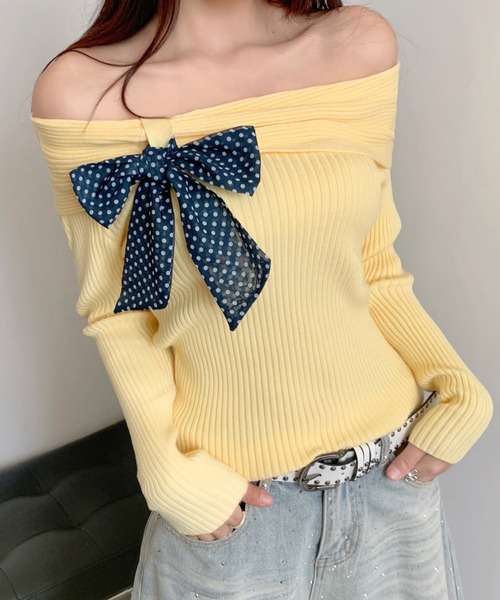 SHEENA(シーナ)の「ドットリボンオフショルリブニットトップス(ニット/セーター・レディース・イエロー/レッド/ライトブルー/ブラウン・M)」の16枚目の写真