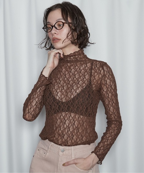 OFROOM（オフルーム）の「【2026秋冬新作】Lace Bottle Neck Top｜レースボトルネックトップス（Tシャツ/カットソー・レディース・ブラウン/アイボリー/ブラック・FREE）」の3枚目の写真