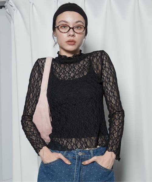 OFROOM（オフルーム）の「【2026秋冬新作】Lace Bottle Neck Top｜レースボトルネックトップス（Tシャツ/カットソー・レディース・ブラウン/アイボリー/ブラック・FREE）」の2枚目の写真