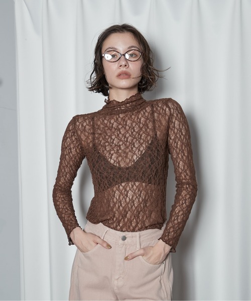 OFROOM（オフルーム）の「【2026秋冬新作】Lace Bottle Neck Top｜レースボトルネックトップス（Tシャツ/カットソー・レディース・ブラウン/アイボリー/ブラック・FREE）」の10枚目の写真