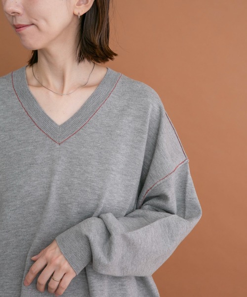 ITEMS URBANRESEARCH(アイテムズ アーバンリサーチ)の「Vネック配色ラインニット(ニット/セーター・レディース・ピンク/グレー/ブラウン・FREE)」の1枚目の写真