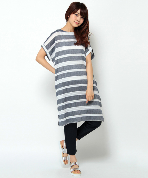 LBC(エルビーシー)の「コットン変形ボーダークルーワンピース(ワンピース・レディース・ブラック/イエロー/ネイビー・MEDIUM/LARGE)」の1枚目の写真