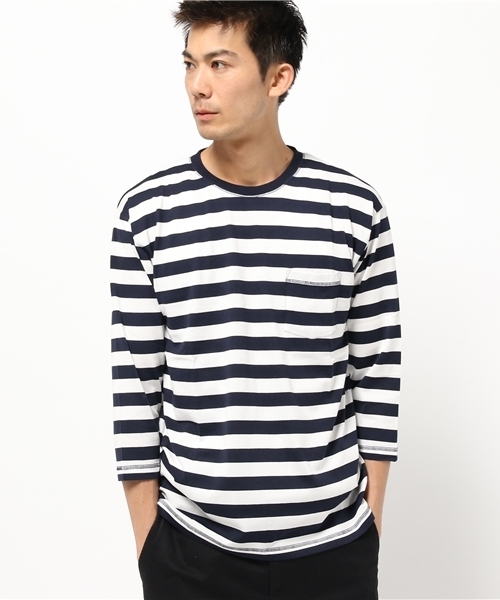 ADAM ET ROPE'(アダムエロペ)の「クルーネックワイドボーダー7分Tシャツ(Tシャツ/カットソー・メンズ・ブルー系その他/ダークグリーン・M/L)」の1枚目の写真