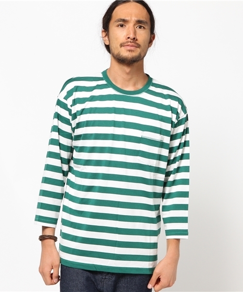 ADAM ET ROPE'(アダムエロペ)の「クルーネックワイドボーダー7分Tシャツ(Tシャツ/カットソー・メンズ・ブルー系その他/ダークグリーン・M/L)」の2枚目の写真