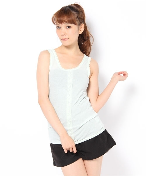 mystic(ミスティック)の「テレコフロントレースタンク(Tシャツ/カットソー・レディース・アイボリー/サンドベージュ/ブラック/ミント/サーモンピンク/グレー・フリ-)」の5枚目の写真