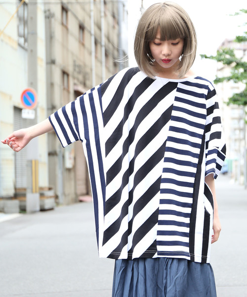 n'Or(ノアール)の「『n'Orゆるっと切替ボーダーTシャツ』(Tシャツ/カットソー)」|ブラック系その他