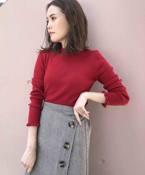 PICCIN（ピッチン）の「VILOFT袖＆衿フリルニット（ニット/セーター・レディース・グリーン/ライトグリーン/ピンク/レッド/ダークブラウン/オフホワイト/ブラック/ベージュ/ブルー/マスタード・MEDIUM）」の10枚目の写真