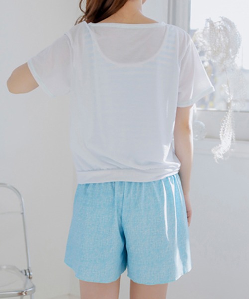 セール】体形カバー Tシャツ＆ショートパンツ付き ボーダー