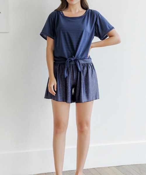 セール】体形カバー Tシャツ＆ショートパンツ付き ボーダー