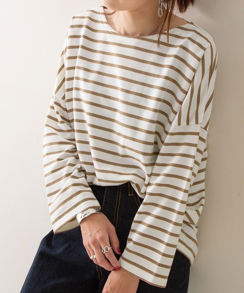 Newlyme（ニューリーミー）の「オーバーサイズボーダーロンＴ【R】（Tシャツ/カットソー・レディース・ブラック/ベージュ・MEDIUM）」の2枚目の写真