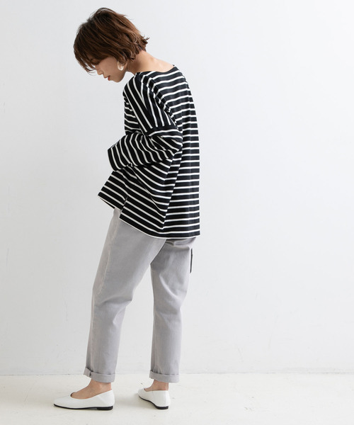 Newlyme（ニューリーミー）の「オーバーサイズボーダーロンＴ【R】（Tシャツ/カットソー・レディース・ブラック/ベージュ・MEDIUM）」の17枚目の写真