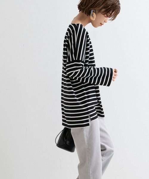 Newlyme（ニューリーミー）の「オーバーサイズボーダーロンＴ【R】（Tシャツ/カットソー・レディース・ブラック/ベージュ・MEDIUM）」の8枚目の写真