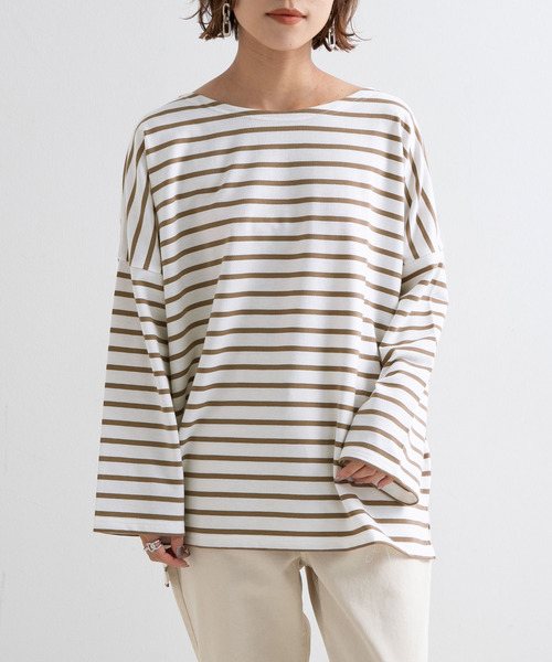 Newlyme（ニューリーミー）の「オーバーサイズボーダーロンＴ【R】（Tシャツ/カットソー・レディース・ブラック/ベージュ・MEDIUM）」の15枚目の写真