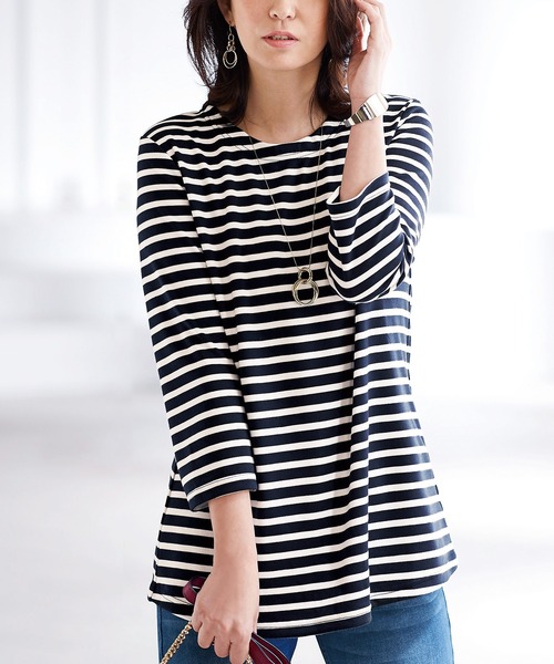 BELLUNA PLUS(ベルーナ)の「ポンチ素材ボーダープルオーバー(7分袖)(Tシャツ/カットソー・レディース・ブラック/その他/その他1/その他2/その他3・MEDIUM/LARGE/X-LARGE)」の4枚目の写真