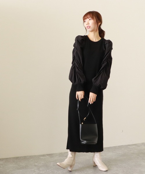 Cheek（チーク）の「袖切替パワショルワンピース（ワンピース・レディース・ブラック/ベージュ/ブラウン・MEDIUM）」の2枚目の写真