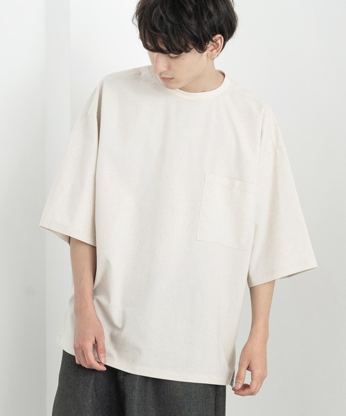 Rocky Monroe（ロッキーモンロー）の「綿麻 レーヨン オーバーサイズ 無地 BIGTシャツ（Tシャツ/カットソー・メンズ・ライトグレー/キナリ/カーキ/ライトベージュ/ブラック/ネイビー・M/L/XL）」の2枚目の写真