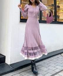 シアーカラーブロックプリーツニットワンピース
