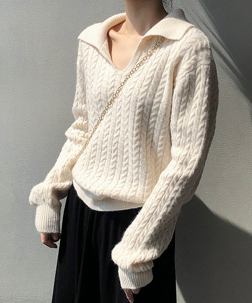 c.u.l(シーユーエル)の「【c.u.l:w】オープンポロカラーケーブル編みニット culw131(ニット/セーター・レディース・ベージュ/ブラウン/アイボリー・FREE)」の7枚目の写真