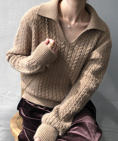 c.u.l(シーユーエル)の「【c.u.l:w】オープンポロカラーケーブル編みニット culw131(ニット/セーター・レディース・ベージュ/ブラウン/アイボリー・FREE)」の21枚目の写真