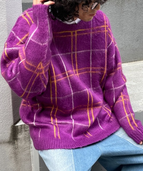 CPCM(シーピーシーエム)の「モヘアタッチチェック柄クルーニット(ニット/セーター・メンズ・マスタード/グリーン/パープル・MEDIUM/LARGE)」の3枚目の写真