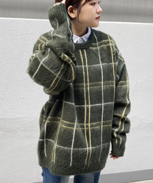 CPCM(シーピーシーエム)の「モヘアタッチチェック柄クルーニット(ニット/セーター・メンズ・マスタード/グリーン/パープル・MEDIUM/LARGE)」の2枚目の写真