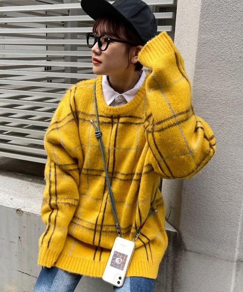 CPCM(シーピーシーエム)の「モヘアタッチチェック柄クルーニット(ニット/セーター・メンズ・マスタード/グリーン/パープル・MEDIUM/LARGE)」の4枚目の写真