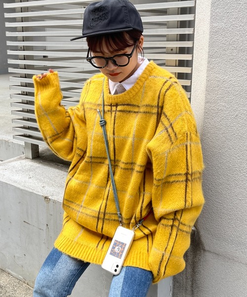 CPCM(シーピーシーエム)の「モヘアタッチチェック柄クルーニット(ニット/セーター・メンズ・マスタード/グリーン/パープル・MEDIUM/LARGE)」の9枚目の写真