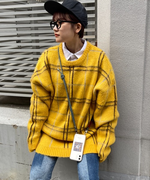 CPCM(シーピーシーエム)の「モヘアタッチチェック柄クルーニット(ニット/セーター・メンズ・マスタード/グリーン/パープル・MEDIUM/LARGE)」の5枚目の写真