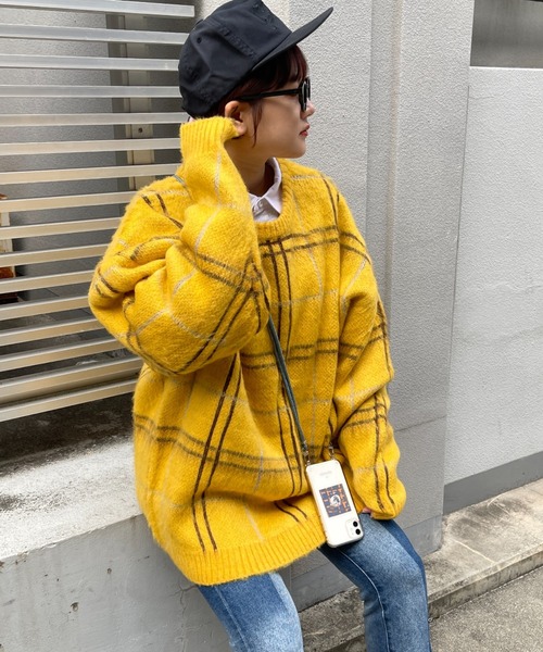 CPCM(シーピーシーエム)の「モヘアタッチチェック柄クルーニット(ニット/セーター・メンズ・マスタード/グリーン/パープル・MEDIUM/LARGE)」の6枚目の写真