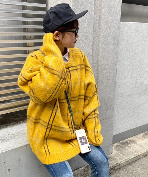 CPCM(シーピーシーエム)の「モヘアタッチチェック柄クルーニット(ニット/セーター・メンズ・マスタード/グリーン/パープル・MEDIUM/LARGE)」の7枚目の写真