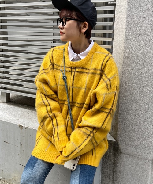 CPCM(シーピーシーエム)の「モヘアタッチチェック柄クルーニット(ニット/セーター・メンズ・マスタード/グリーン/パープル・MEDIUM/LARGE)」の11枚目の写真